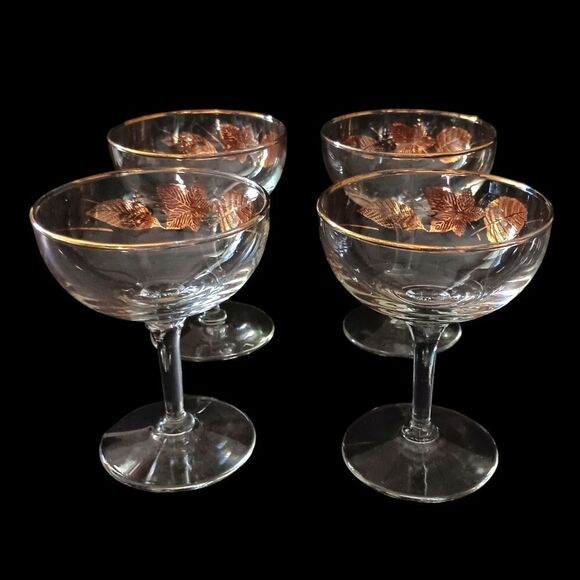 4 Libbey Gold Maple Leaf Champagne Glasses Cordial Wine Martini MAD MEN MCM - Picture 10 of 16
